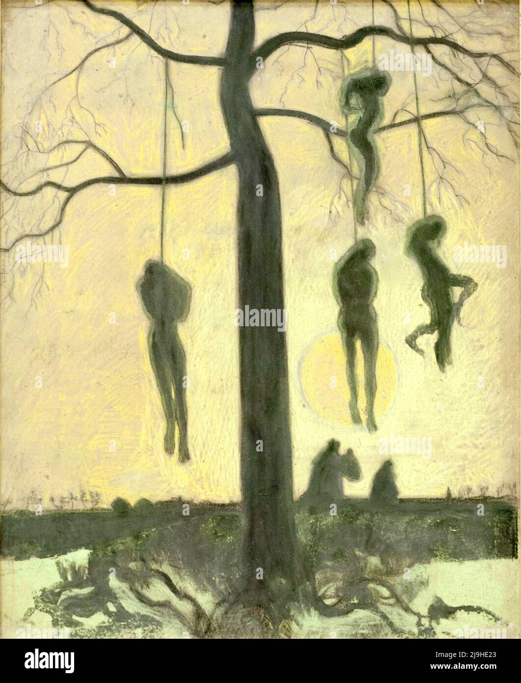 Léon Spilliaert - The Hanged - Four human bodies hang lynched from a tree in black silhouettes; one figure works below as two others leave on horseback. Stock Photo