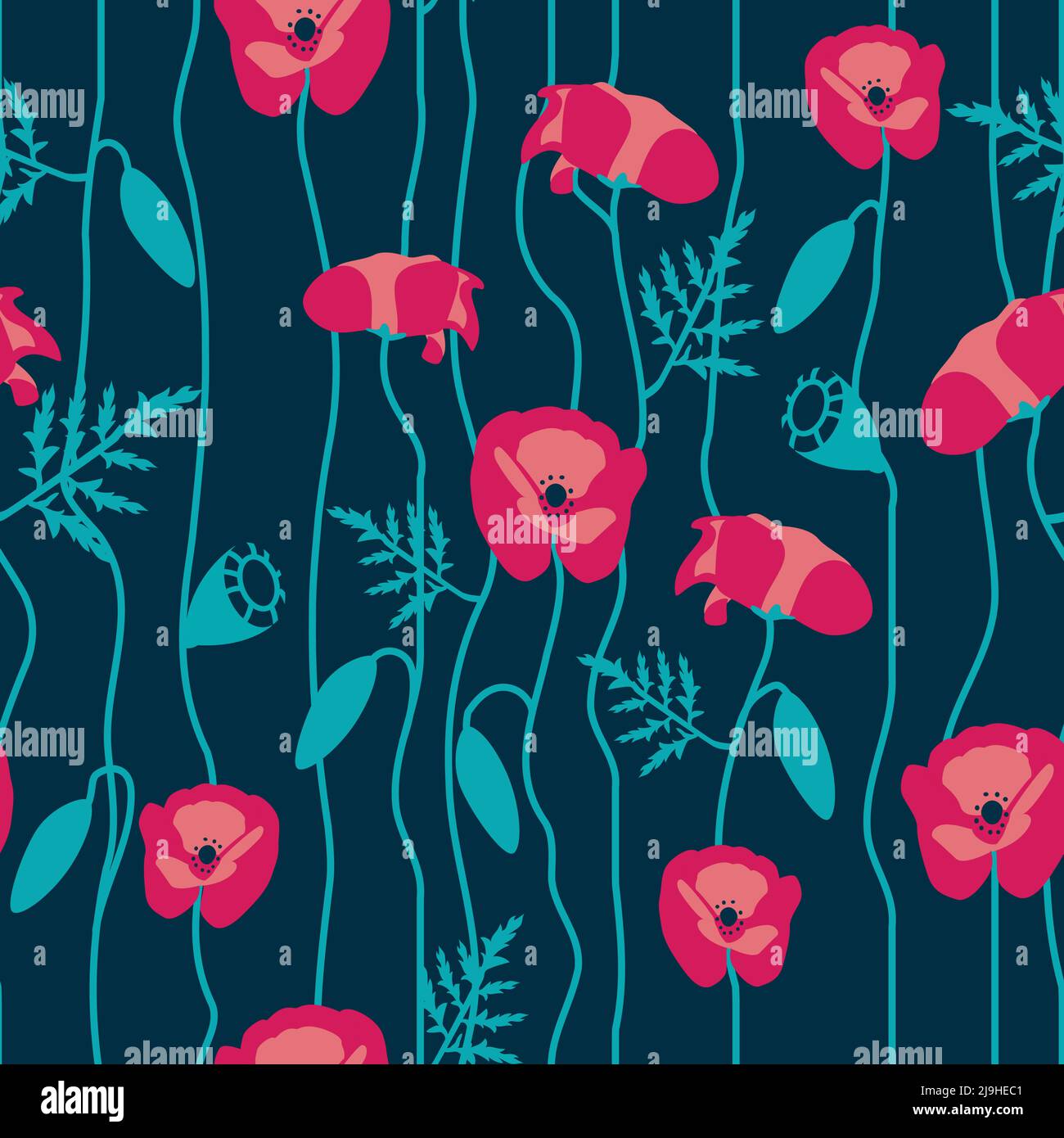 Red Poppies on dark Green Forest background Stock Vector