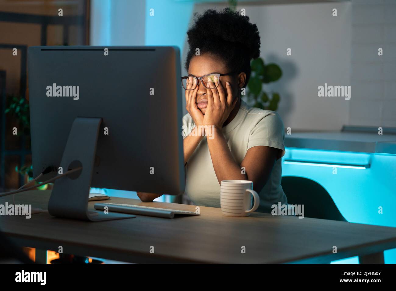 Overworked african woman freelancer feeling eye strain and fatigue ...