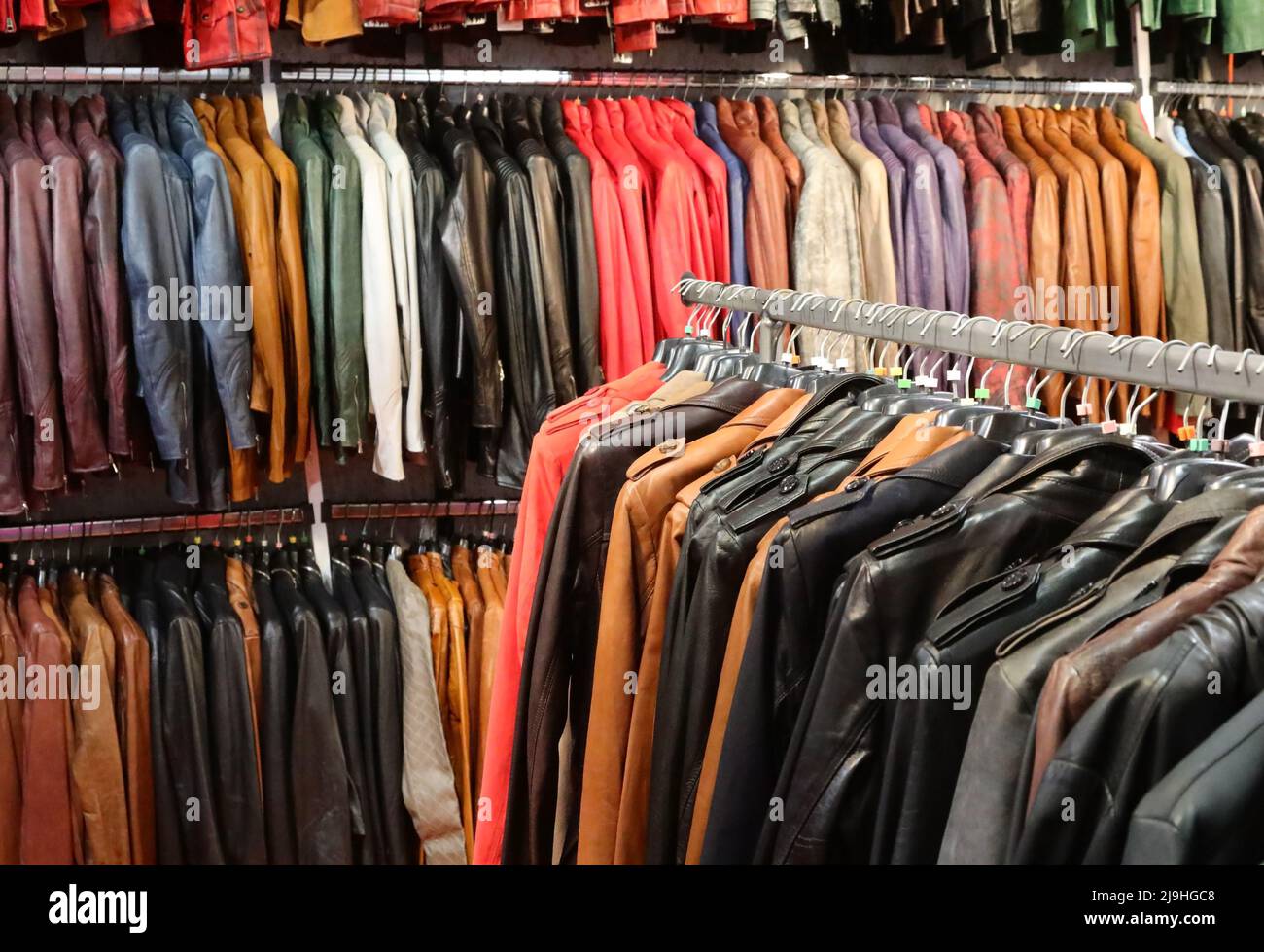 handcrafted genuine LEATHER jackets for sale in the trendy leather goods  shop in the mall Stock Photo - Alamy