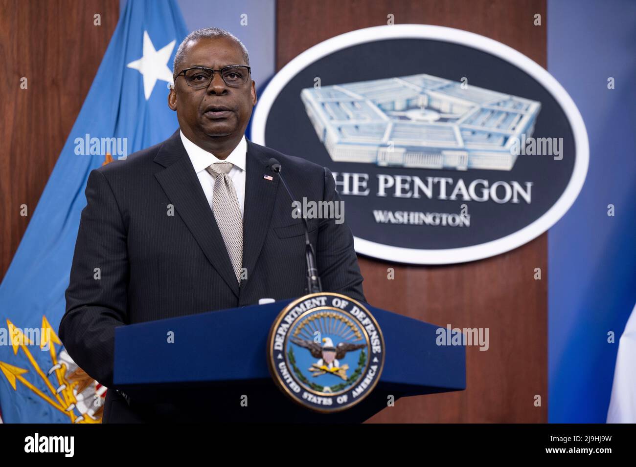 Arlington, United States Of America. 23rd May, 2022. Arlington, United States of America. 23 May, 2022. U.S. Secretary of Defense Lloyd Austin, responds to a question during a press briefing following a Ukrainian Defense Contact Group meeting at the Pentagon, May23, 2022 in Arlington, Virginia. Credit: TSgt. Jack Sanders/DOD/Alamy Live News Stock Photo