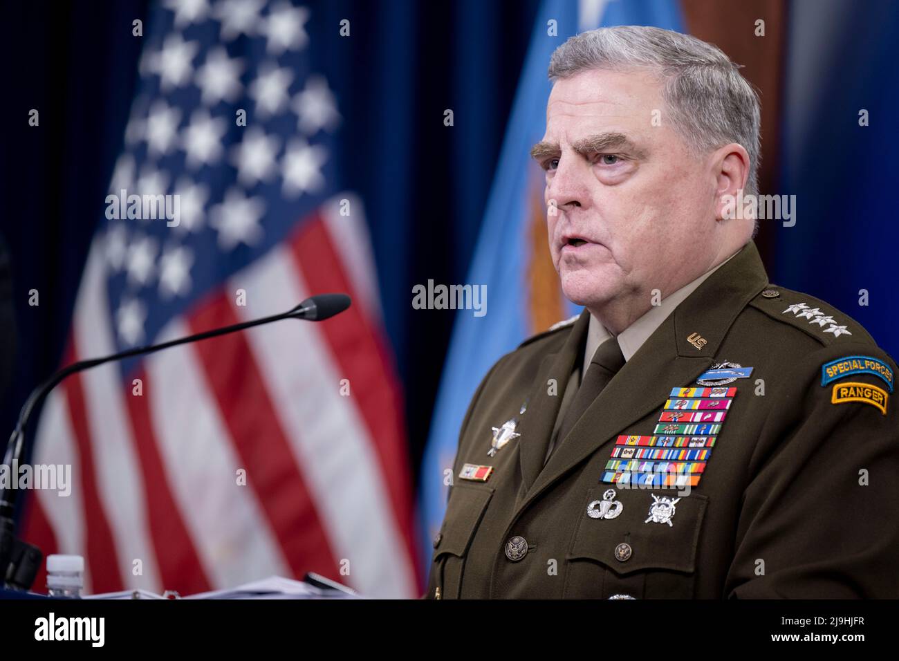 Arlington, United States Of America. 23rd May, 2022. Arlington, United States of America. 23 May, 2022. U.S. Chairman of the Joint Chiefs Gen. Mark Milley, responds to a question during a press briefing following a Ukrainian Defense Contact Group meeting at the Pentagon, May 23, 2022 in Arlington, Virginia. Credit: TSgt. Jack Sanders/DOD/Alamy Live News Stock Photo