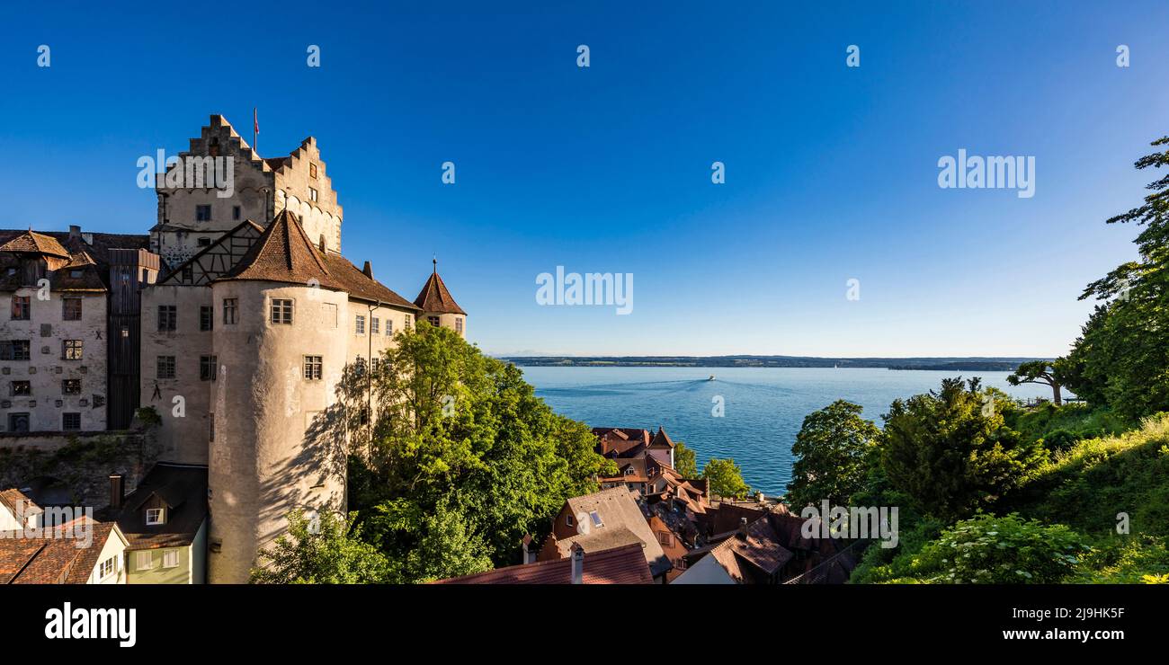 Germany, Baden-Wurttemberg, Meersburg, Exterior of Meersburg Castle in summer with Lake Constance in background Stock Photo