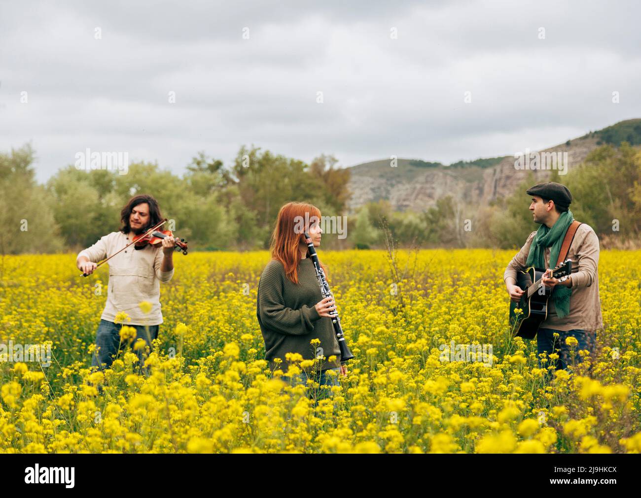 Folk music group rehearsing with musical instruments in flower field