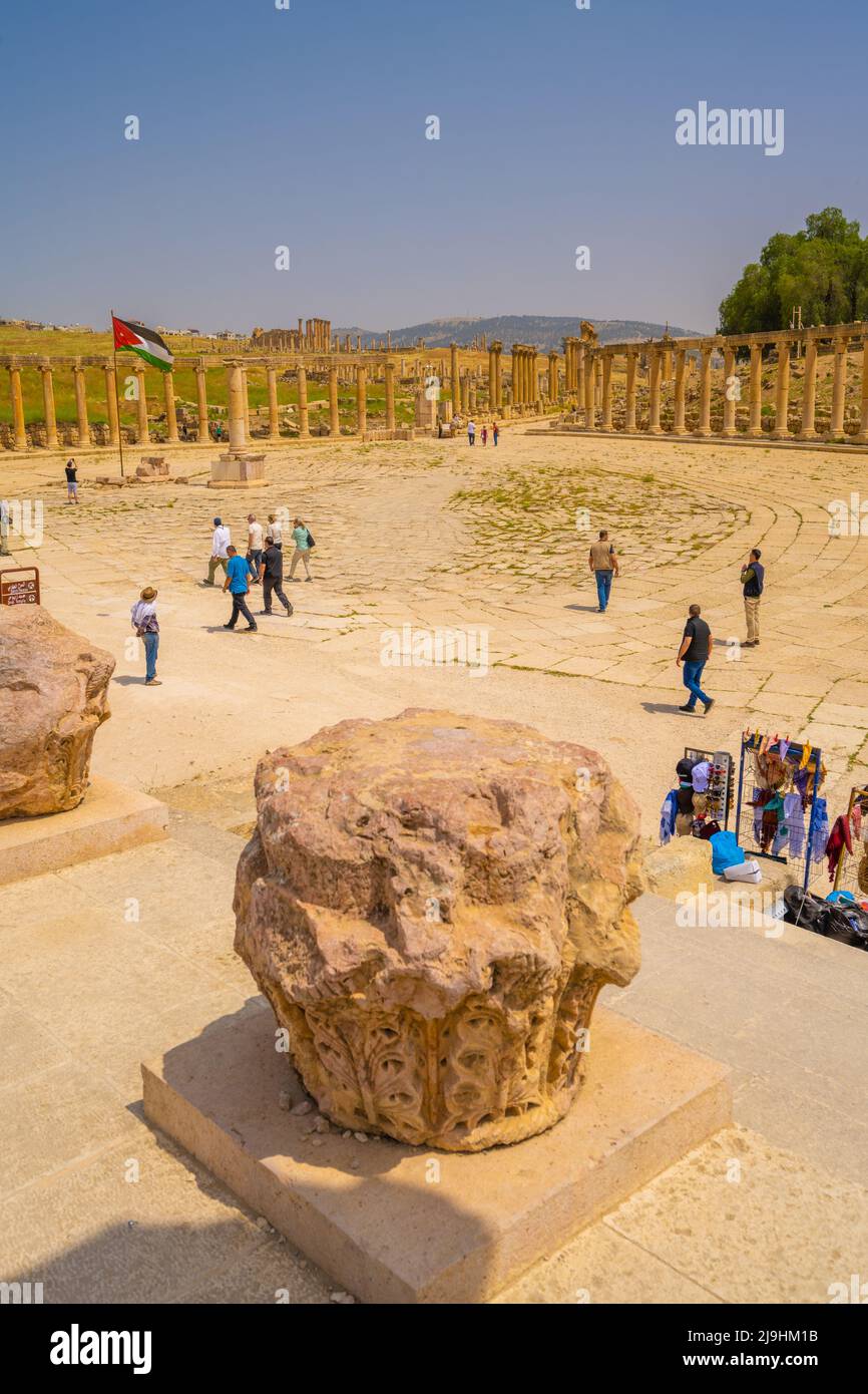 The Forum in the Roman ruins of Jerash Stock Photo