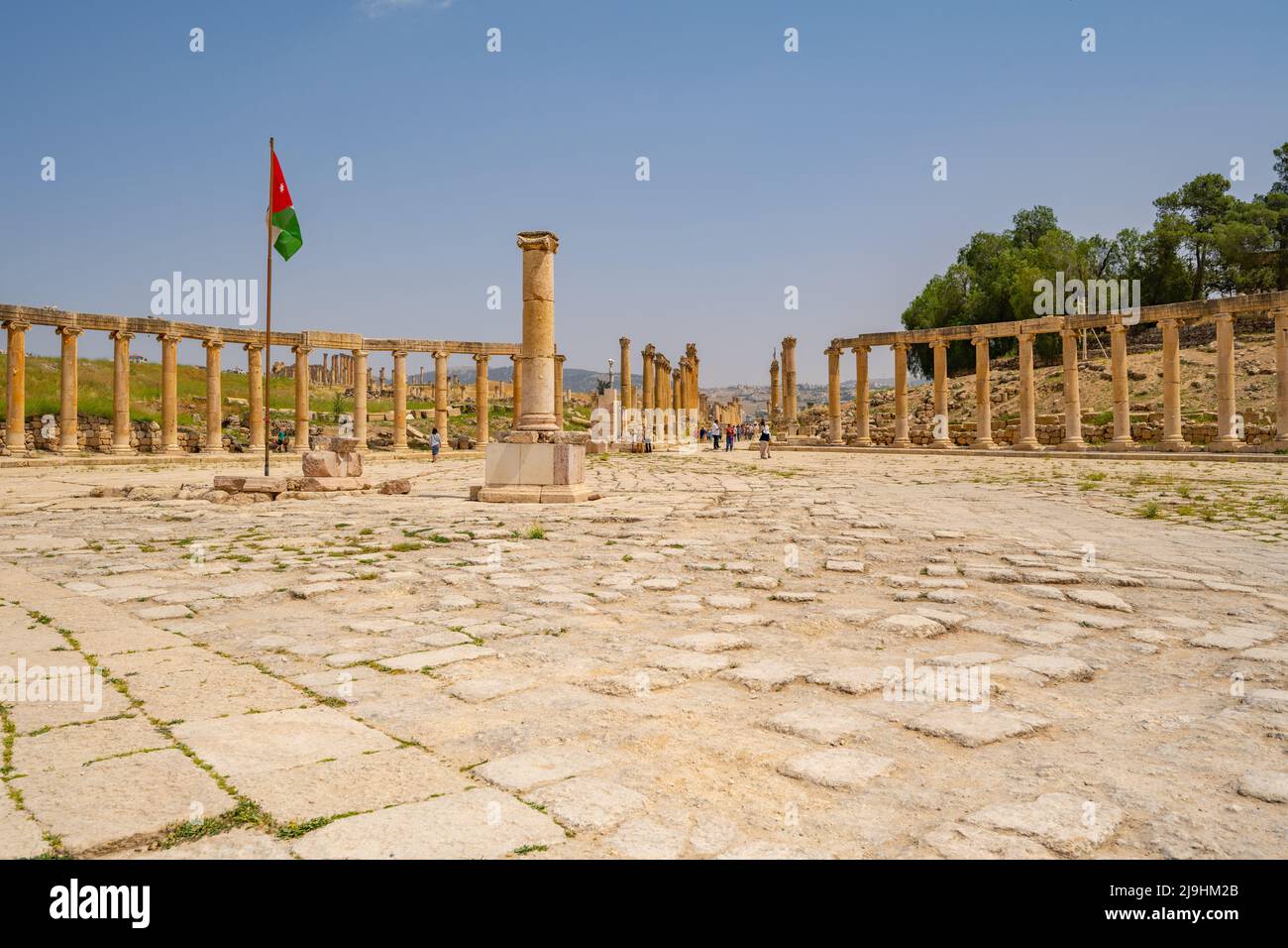 The Forum in the Roman ruins of Jerash Stock Photo