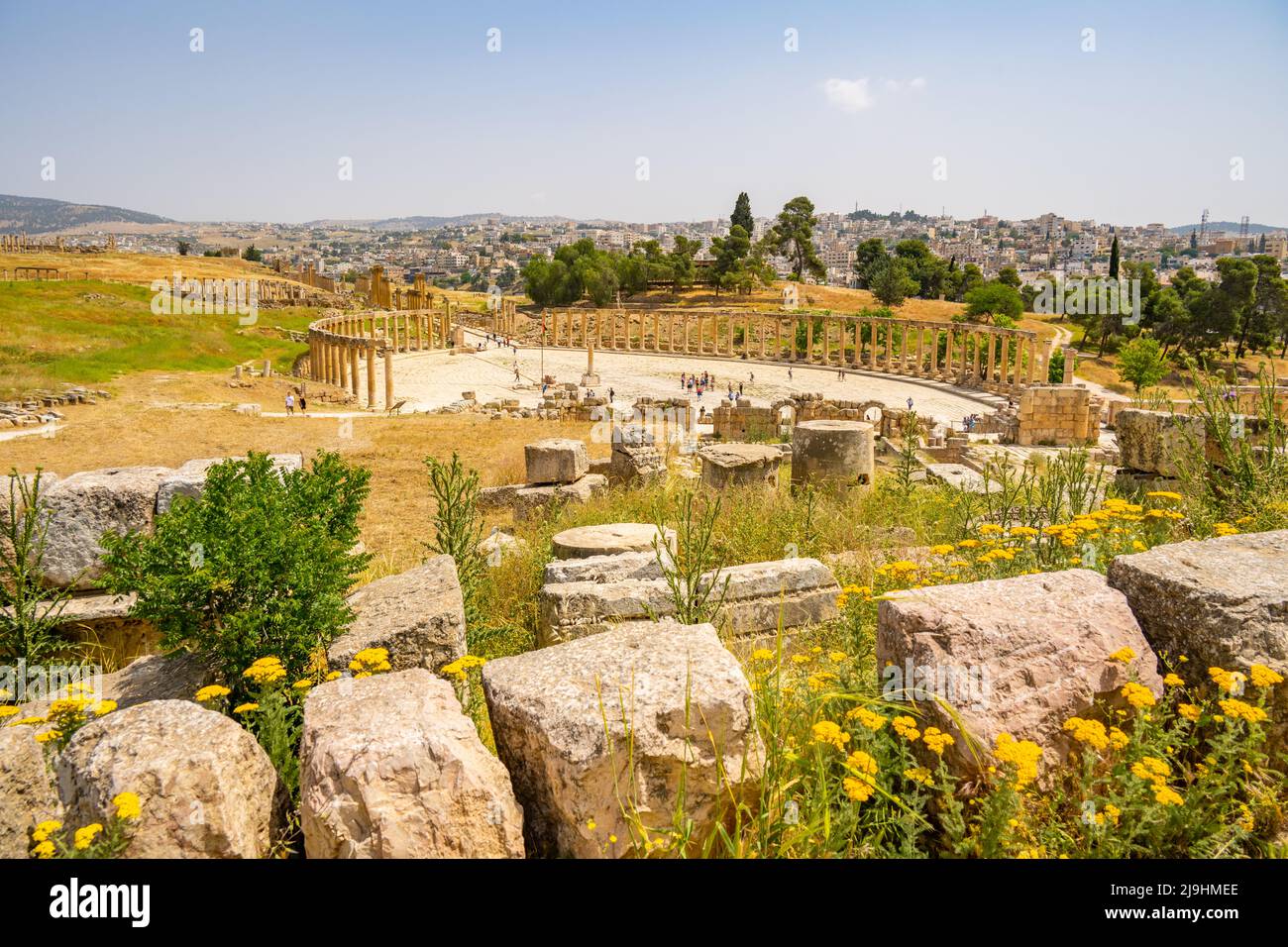 The Forum in the Roman ruins of Jerash from the upper temple of Zeus