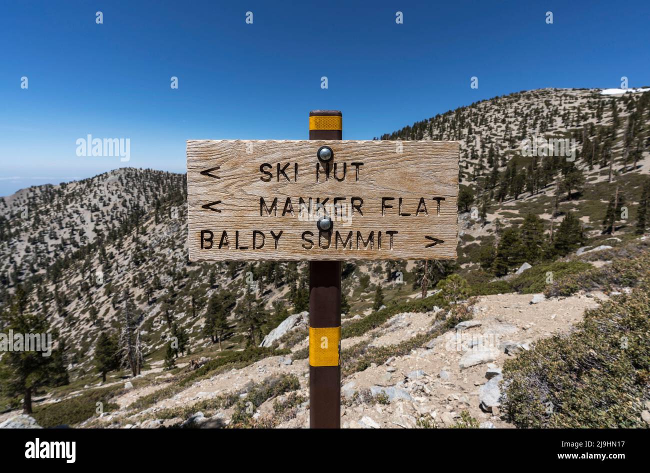 Mt Baldy, Manker Flat trail sign in the San Gabriel Mountains near Los Angeles, California. Stock Photo