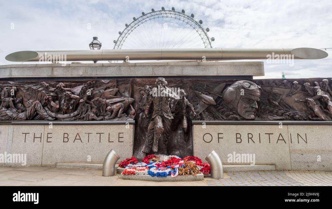 The Battle of Britain memorial in London captured along the Northbank in London under the London Eye in May 2022. Stock Photo