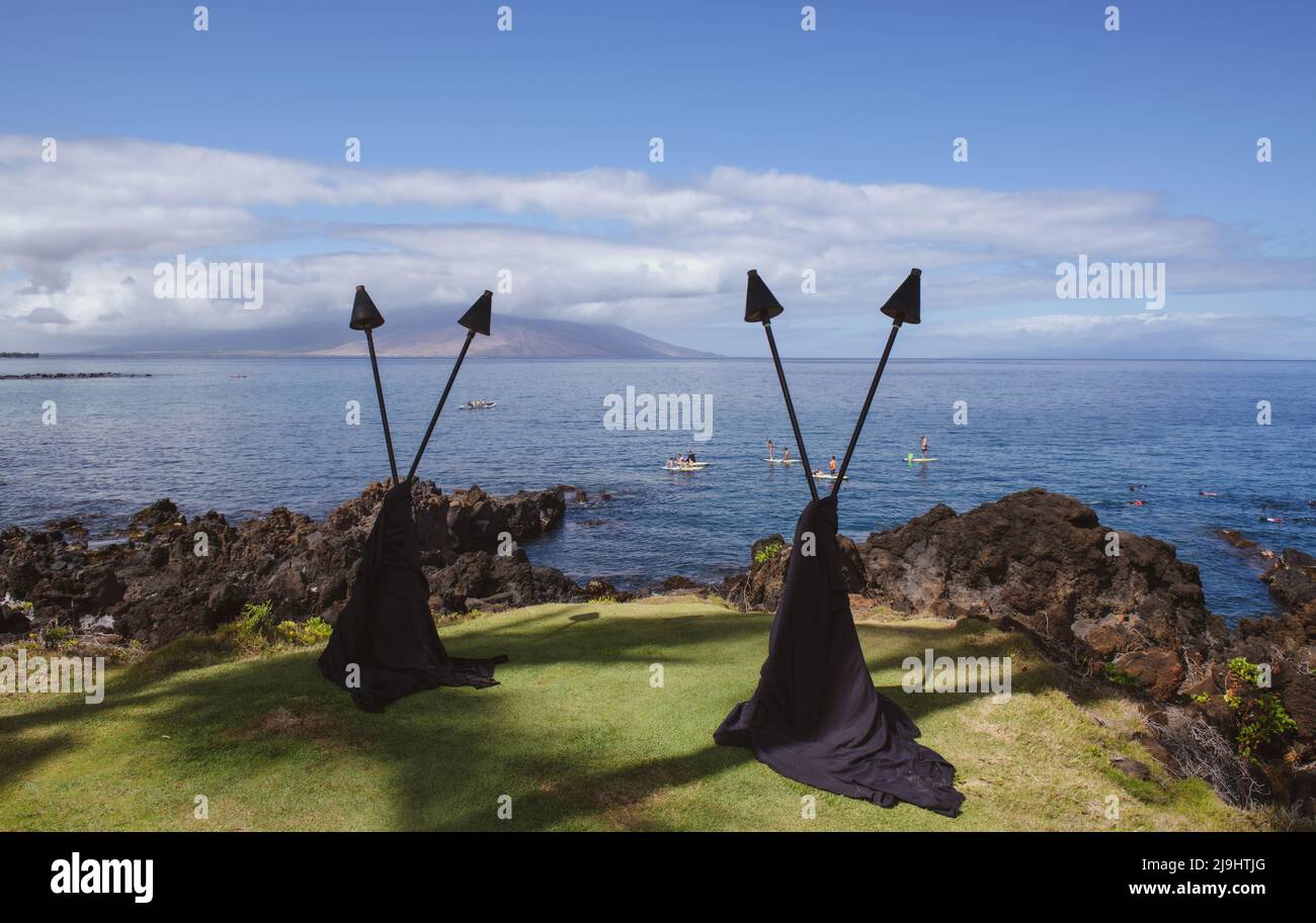 Hawaii fire torches. Landscape tranquil beach. Hawaii background