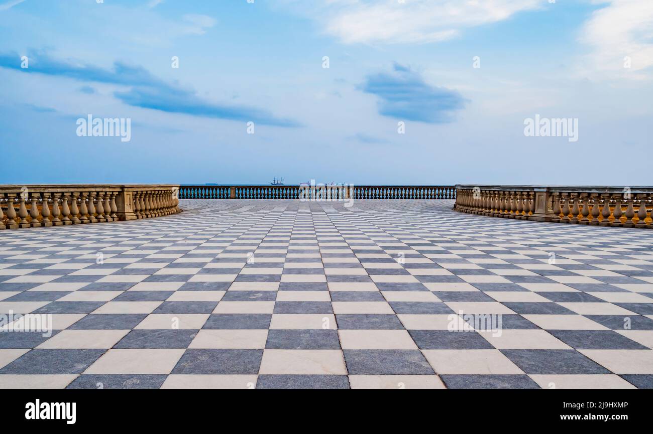 Scenic view of Terrazza Mascagni, stunning belvedere terrace with a paved checkerboard surface, Livorno, Tuscany, Italy Stock Photo