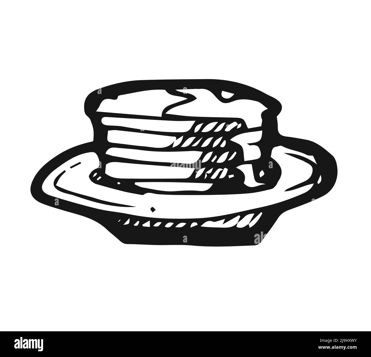 Baking buns and plate of pancakes in layers. Hand drawing outline. Isolated on white background. Monochrome drawing. Vector Stock Vector
