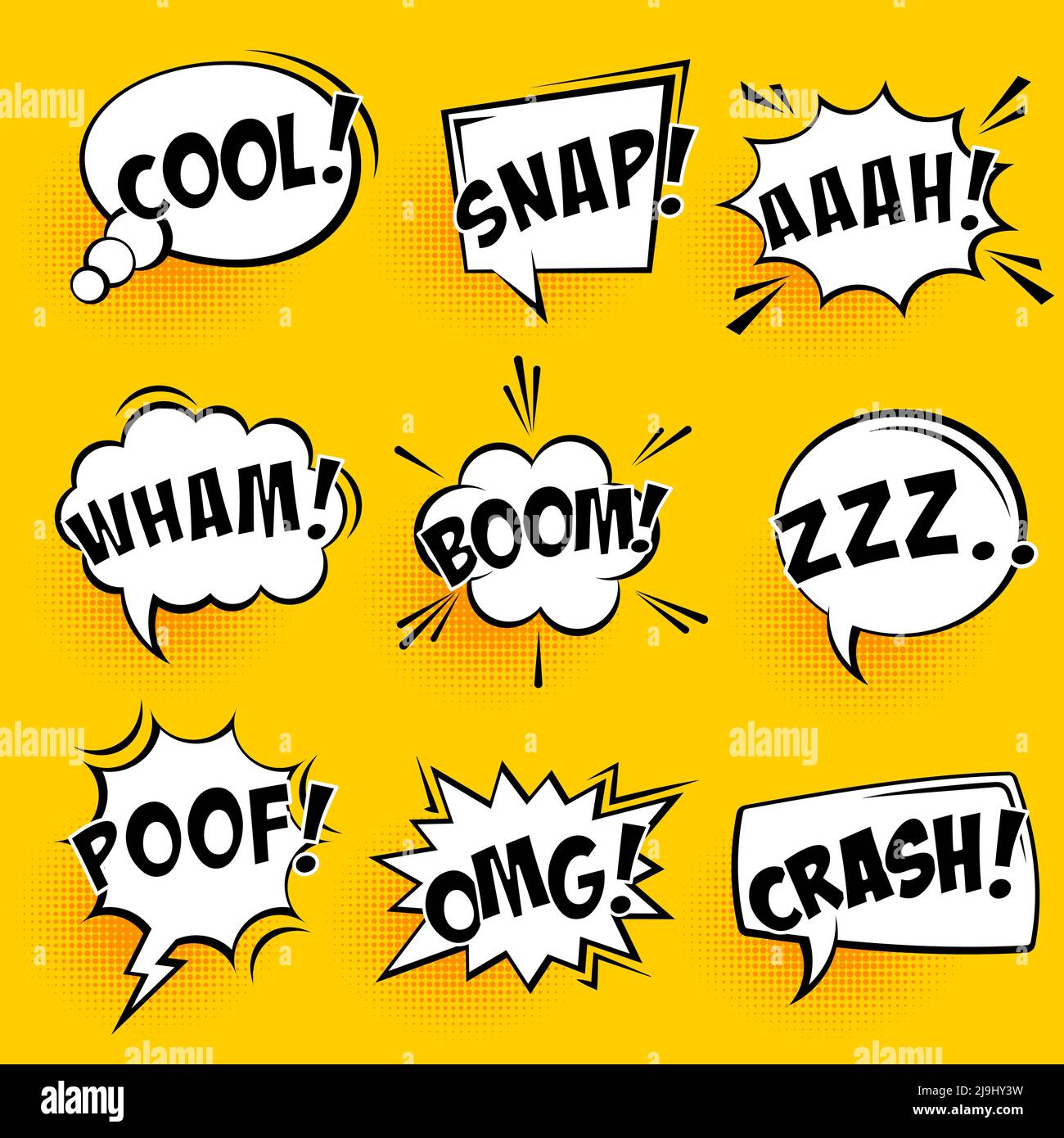 Comic speech bubbles with halftone shadows and text on yellow ...