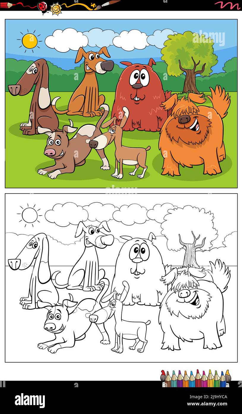 Cartoon illustration of dogs animal comic characters group coloring ...