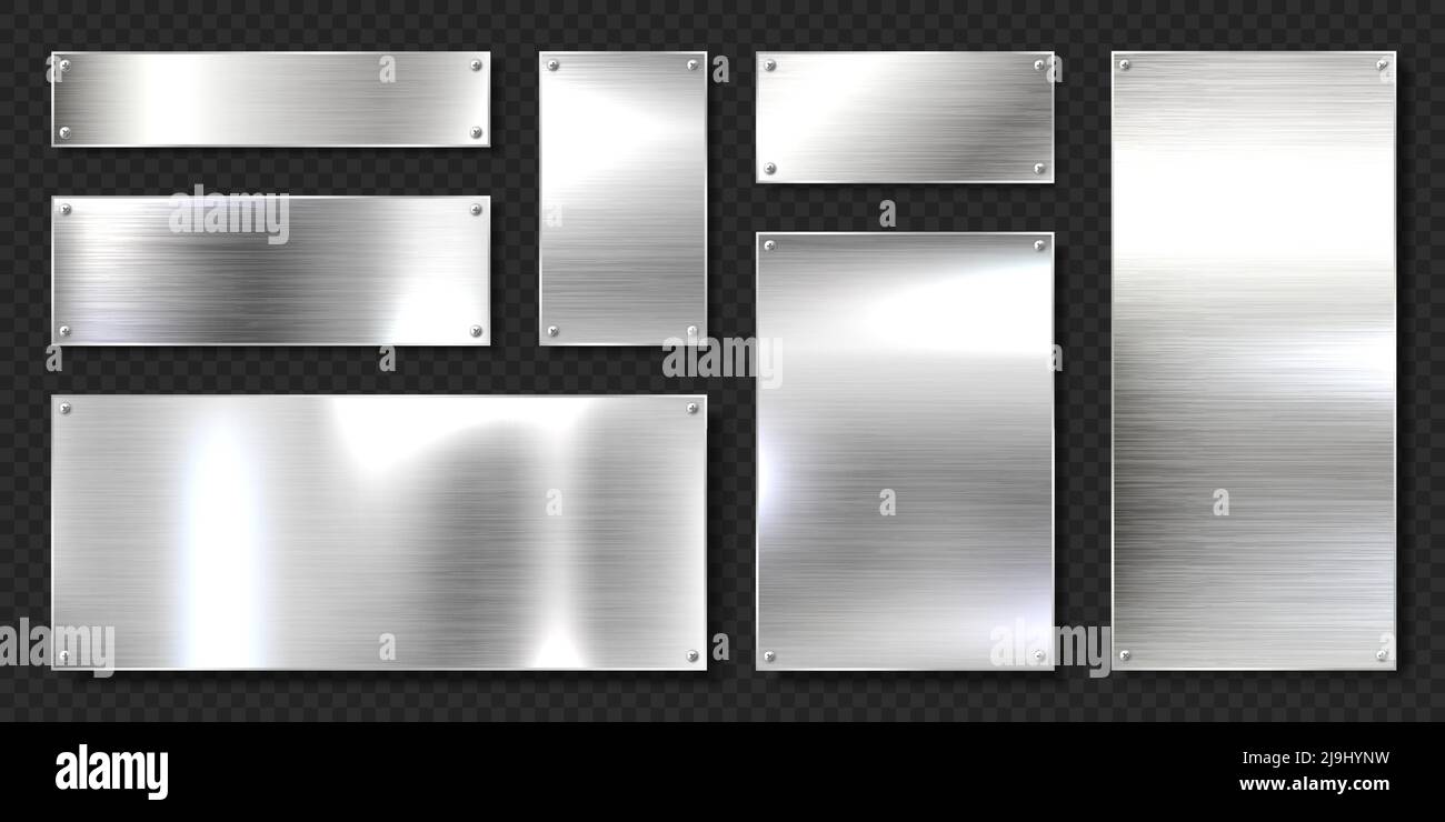 Realistic shiny metal banners set. Brushed steel plate with screws ...