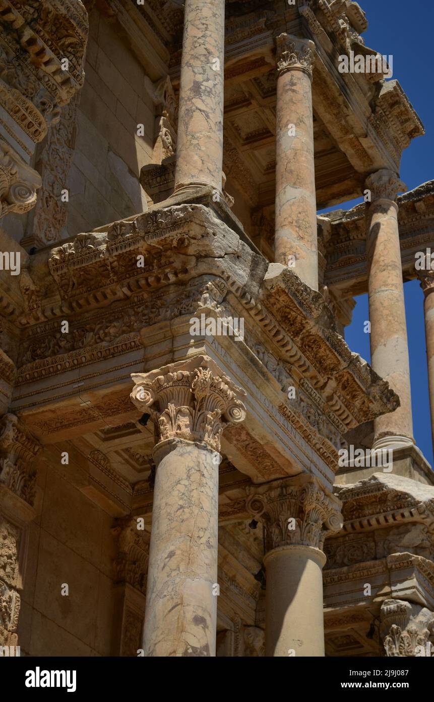 The Library of Celsus is an ancient Roman building in Ephesus, Anatolia, now part of Selçuk, Turkey. The building was commissioned in the 110s A.D. by Stock Photo