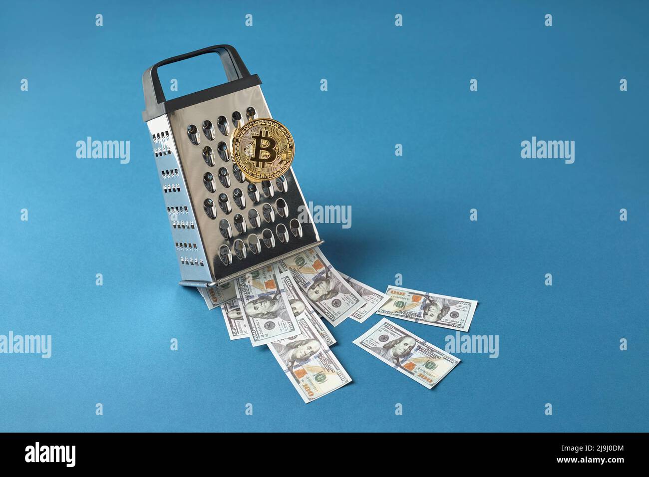Coin Bitcoin transform to dollar bills with steel grater, Exchange transaction creative concept Stock Photo