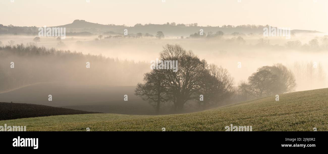 A misty morning creates curves and layers in the landscape surrounding Almscliffe Crag in Lower Wharfedale during early spring. Stock Photo