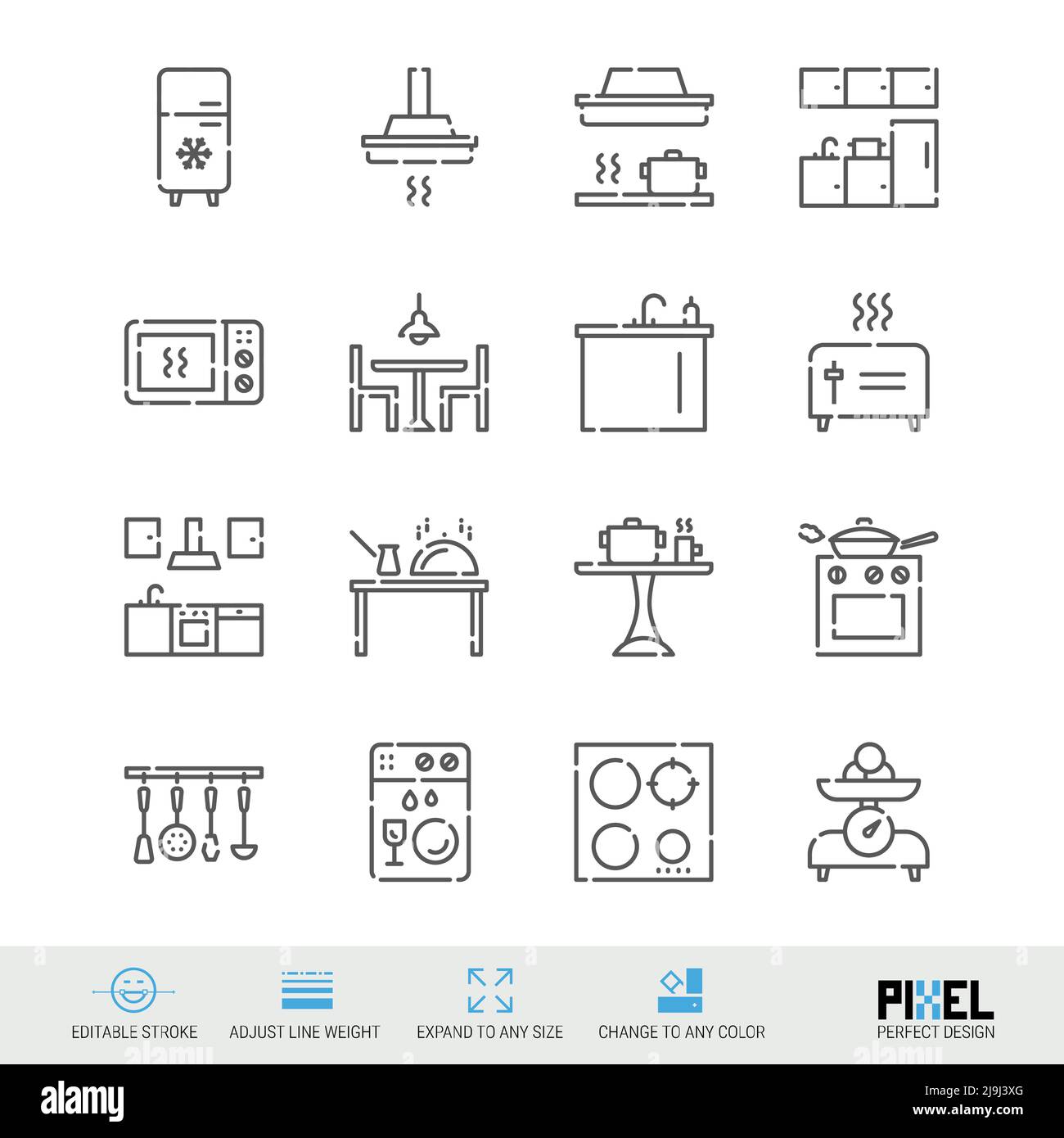 Kitchen, furniture and appliances related vector line icon set isolated ...