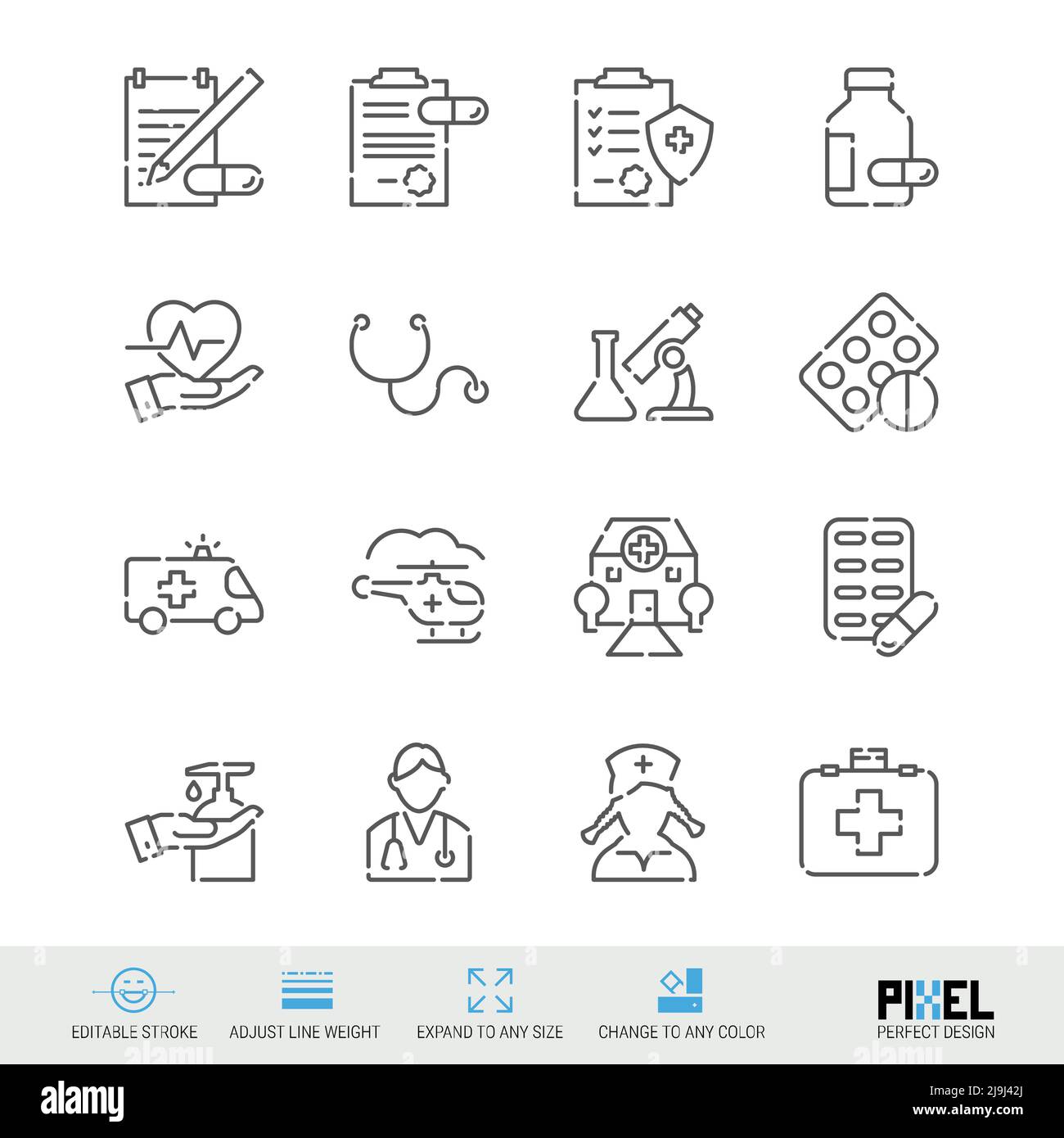 Medicine and drugs related vector line icon set isolated on white ...