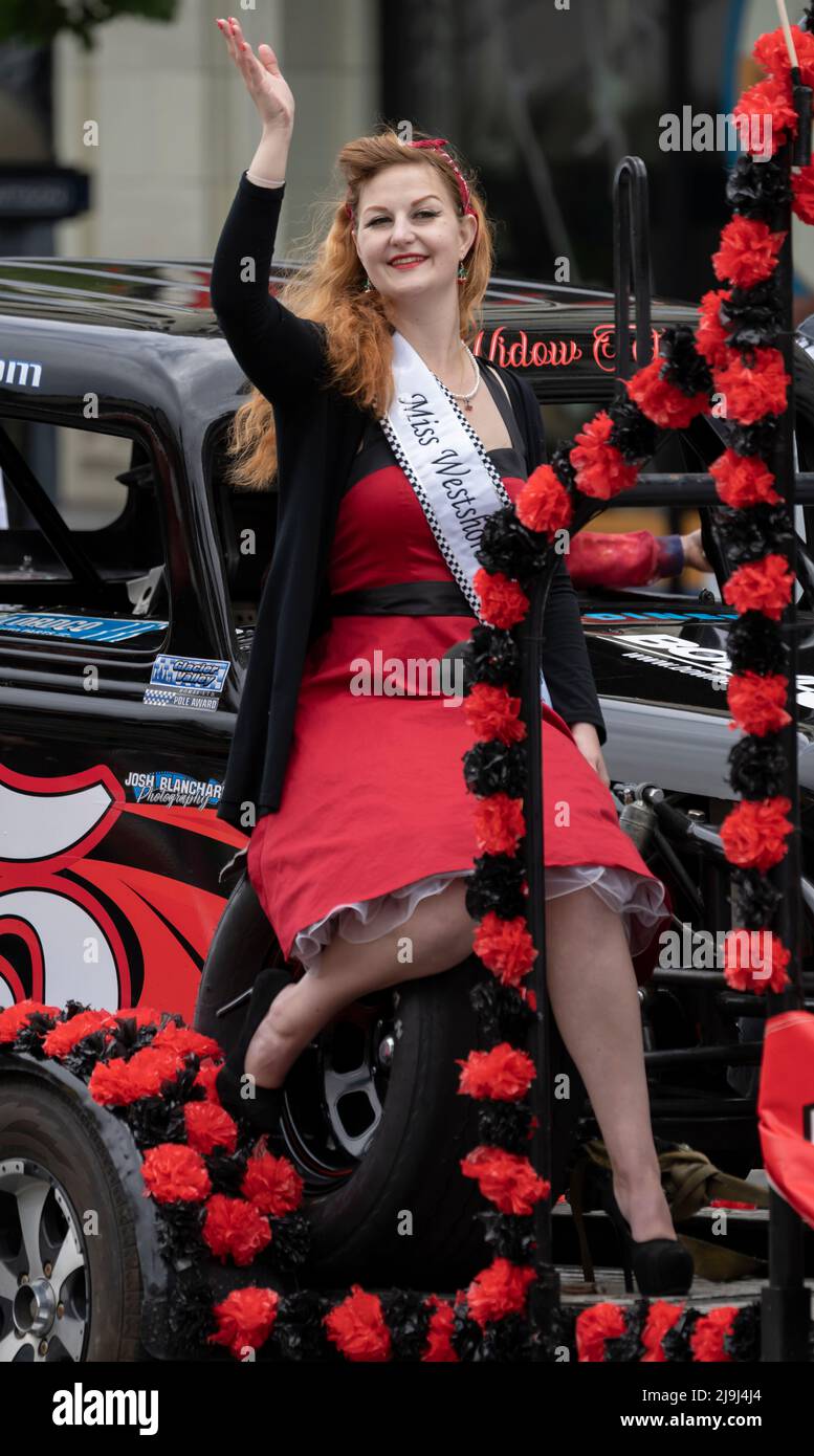A woman with a sash at the Victoria Day Parade on May 23, 2022 in Victoria, British Columbia, Canada. Stock Photo