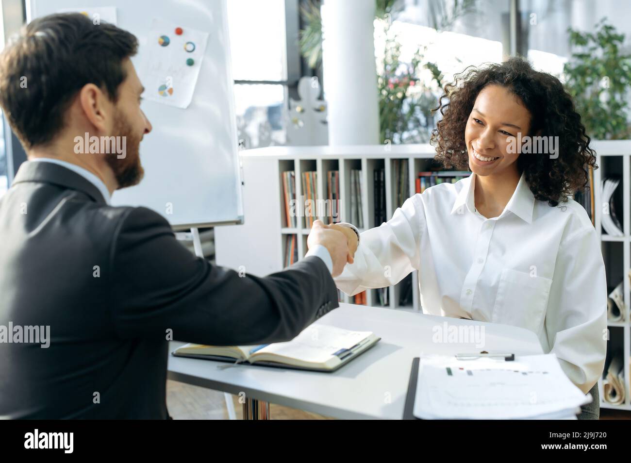 Smart successful African American woman was hired by the company. Two multiracial business colleagues, agreed to cooperate on a project, shake hands while sitting at a table in a modern office, smile Stock Photo