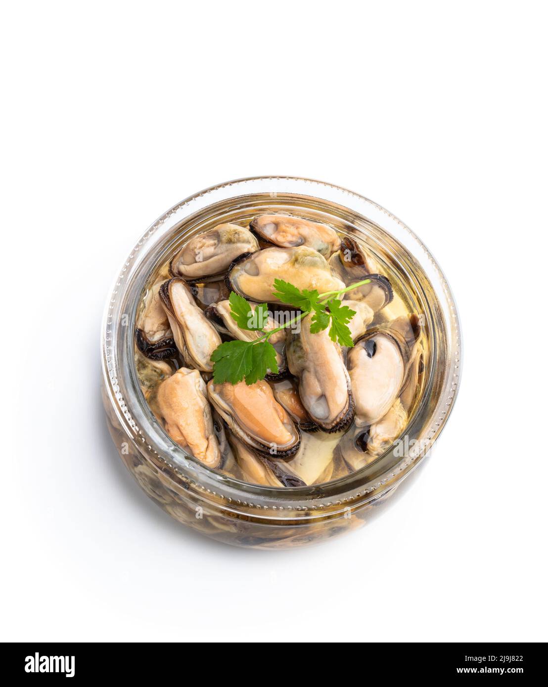 Marinated mussels in glass jar isolated on white Stock Photo Alamy