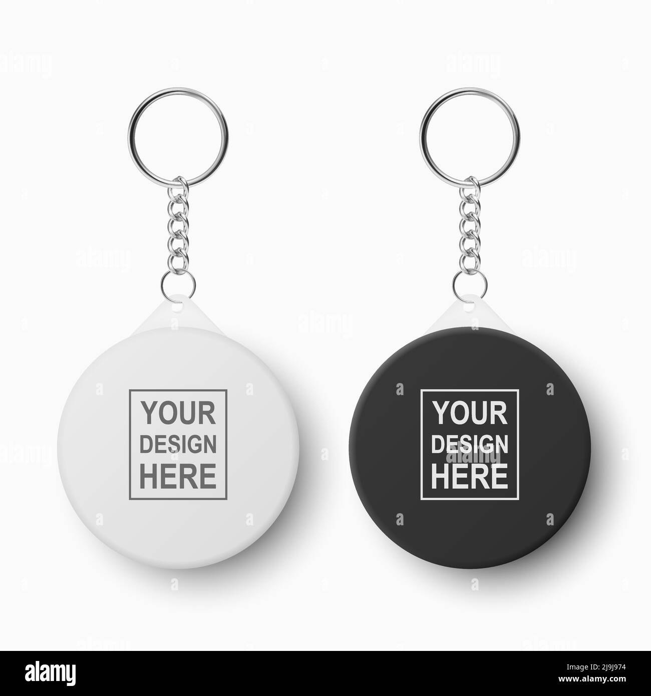 Vector 3d Realistic Blank White Round Keychain with Ring and Chain for Key Isolated on White. Button Badge with Ring. Plastic, Metal ID Badge with Stock Vector