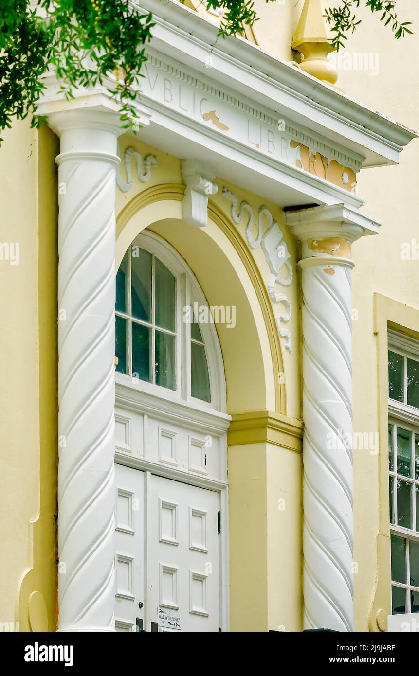 The door of the Old Biloxi Public Library features a stylized portico with spiral columns, May 22, 2022, in Biloxi, Mississippi. Stock Photo