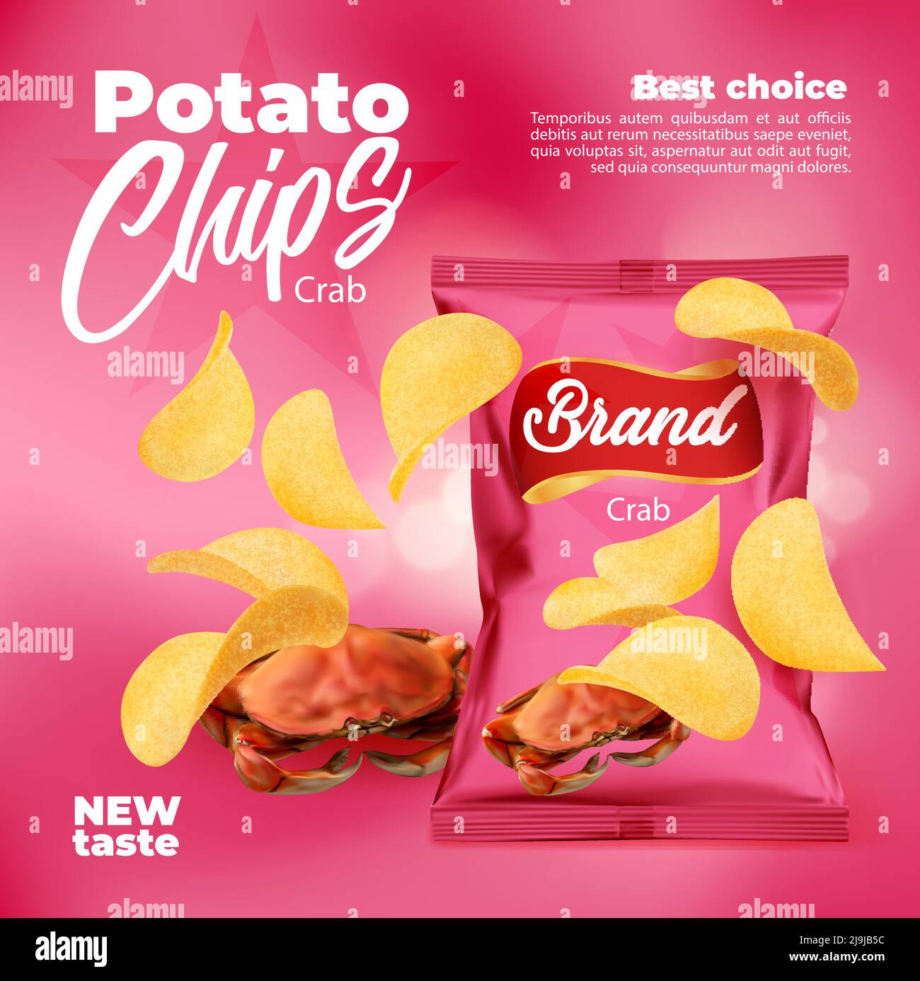 Realistic crab flavored potato chips snack food package. 3d vector promo  poster design with crunchy crispy