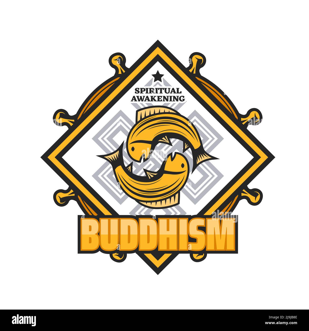 Buddhism religion icon with vector koi carp fish, dharma wheel and endless knot. Isolated sacred symbol of Buddhist or Tibetan monk, Indian religious signs for meditation or spiritual practice icon Stock Vector