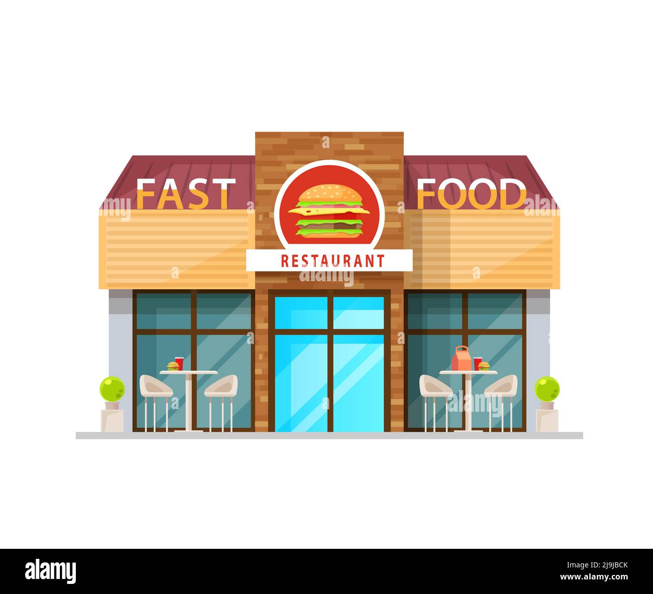 Fast food cafe building, vector restaurant exterior cartoon design with  wide windows, glass door, signboard and outdoor area with tables and  chairs. Fastfood shop facade, isolated city archtecture Stock Vector Image &