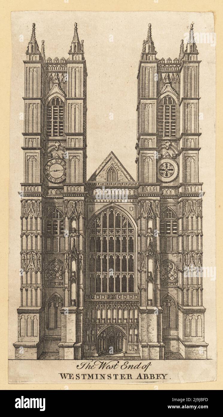 Front elevation of the Portland stone towers of the West End of Westminster Abbey, 18th century. Medieval abbey completed by architects Sir Christopher Wren, Nicholas Hawksmoor and John James. Copperplate engraving from the Gentleman's Magazine and Historical Chronicle edited by Sylvanus Urban, Edward Cave Junior, St. John's Gate , London, 1751. Stock Photo
