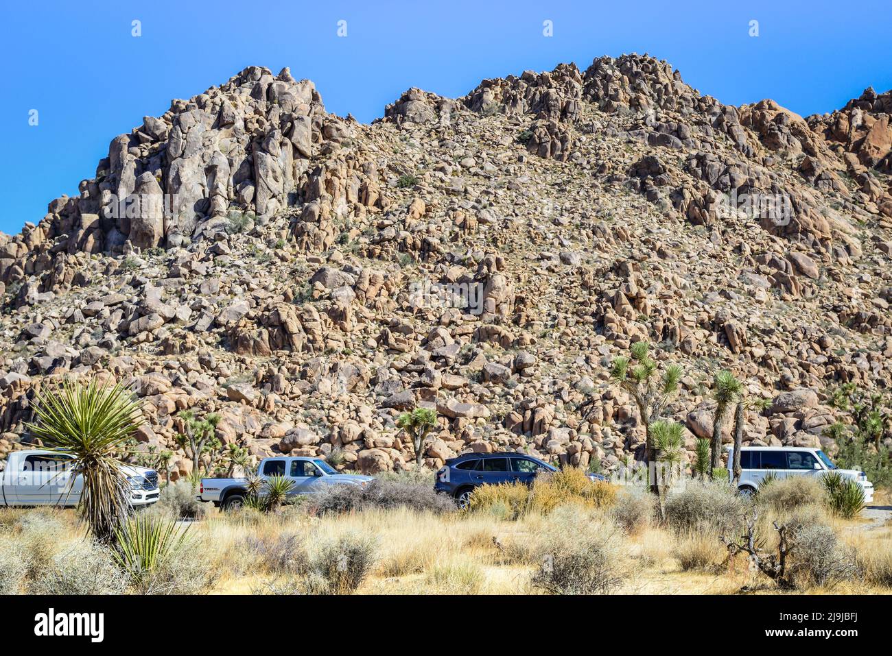 Tourists' cars parked along the highway tha meanders thru the amazing Joshua Tree National Park with n the Mojave desert, Stock Photo