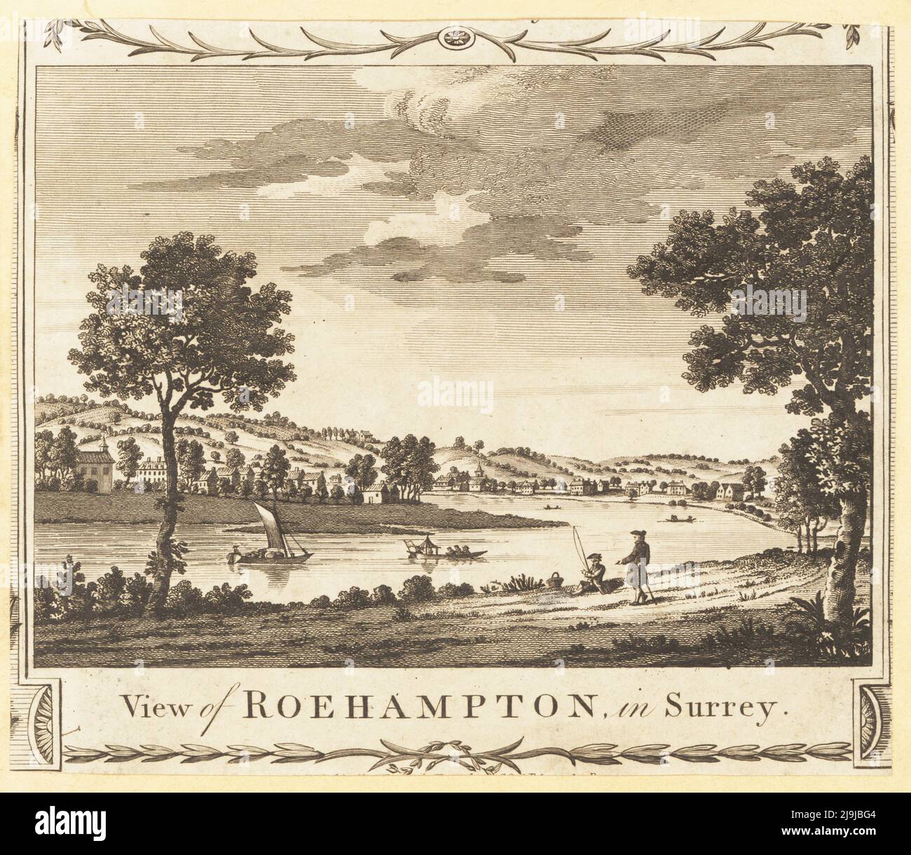 View of the River Thames near the village of Roehampton, 1784. Men fishing on the river banks, ferry boats and sailboats on the river. View of Roehampton in Surrey. Copperplate engraving from William Thornton’s New, Complete and Universal History of the City of London, Alexander Hogg, King's Arms, No. 16 Paternoster Row, London, 1784. Stock Photo