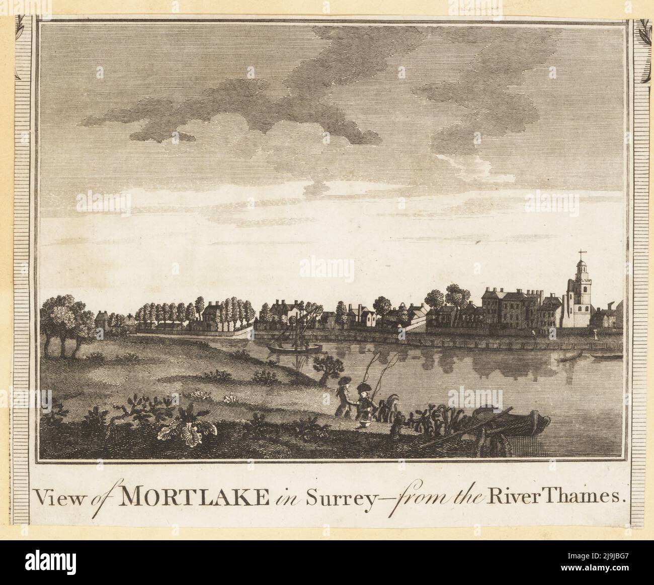 Pastoral view of the River Thames at Mortlake, 1784. Two gentlemen ...