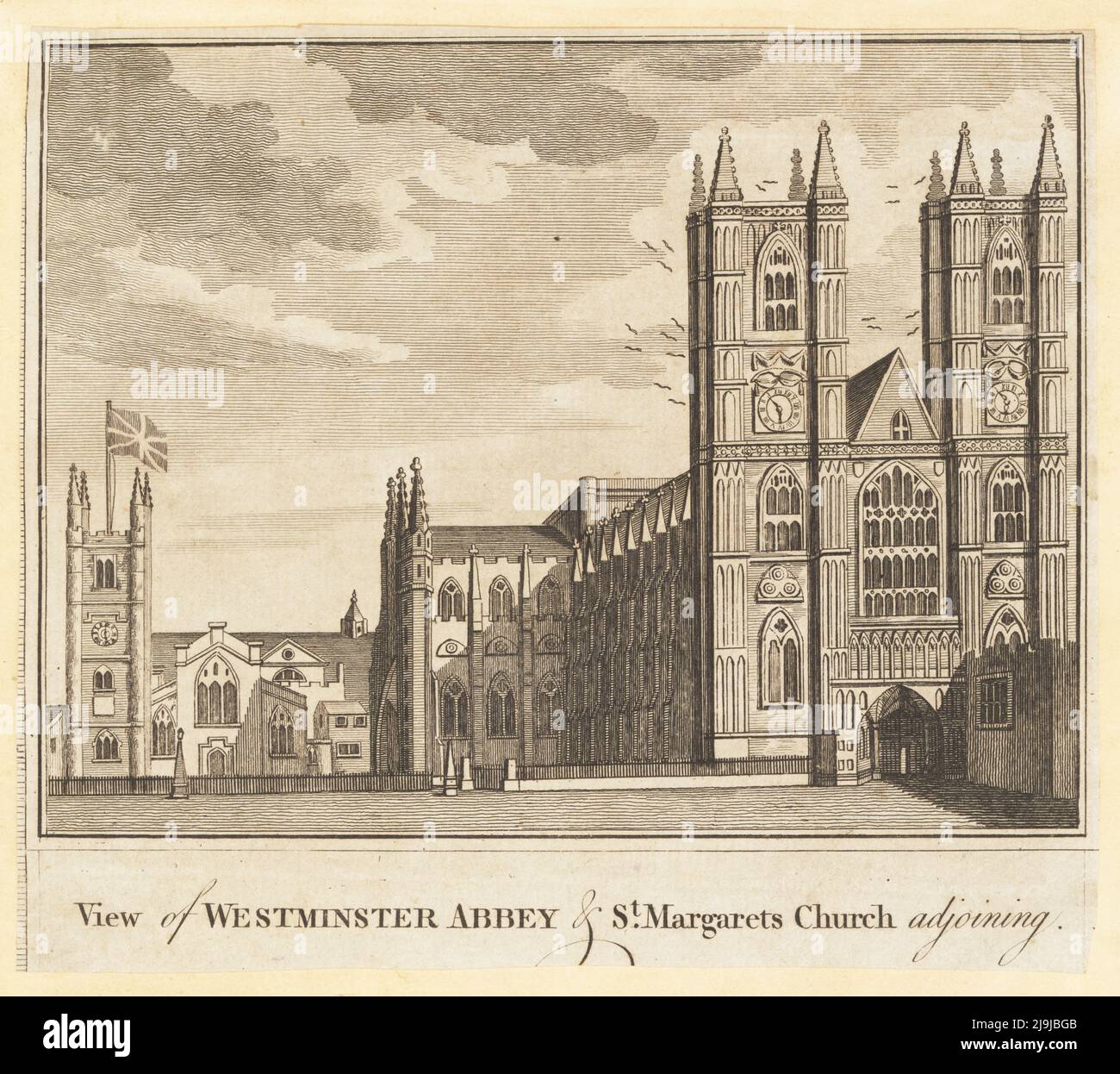 View of Westminster Abbey and St. Margarets Church adjoining. Copperplate engraving from William Thornton’s New, Complete and Universal History of the City of London, Alexander Hogg, King's Arms, No. 16 Paternoster Row, London, 1784. Stock Photo