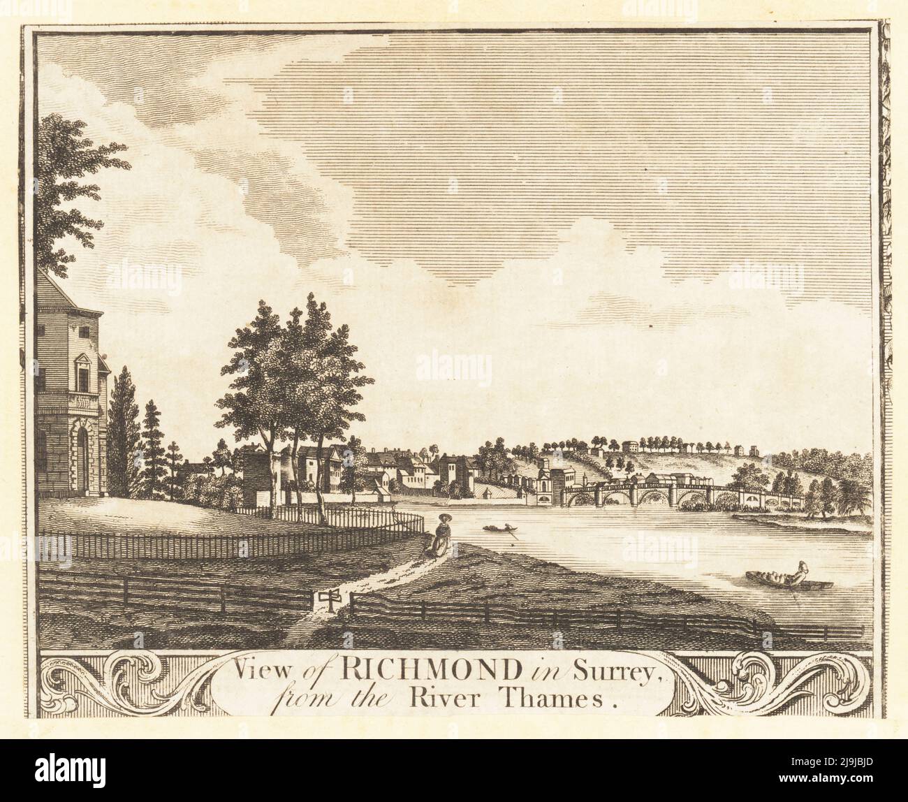 View of Richmond in Surrey from the River Thames, 18th century. Richmond Place (now Asgill House), a Palladian villa built by Sir Robert Taylor in 1757, in the foreground. The stone arch bridge Richmond Bridge was built in 1774-77 by architects James Paine and Kenton Couse. Copperplate engraving from William Thornton’s New, Complete and Universal History of the City of London, Alexander Hogg, King's Arms, No. 16 Paternoster Row, London, 1784. Stock Photo