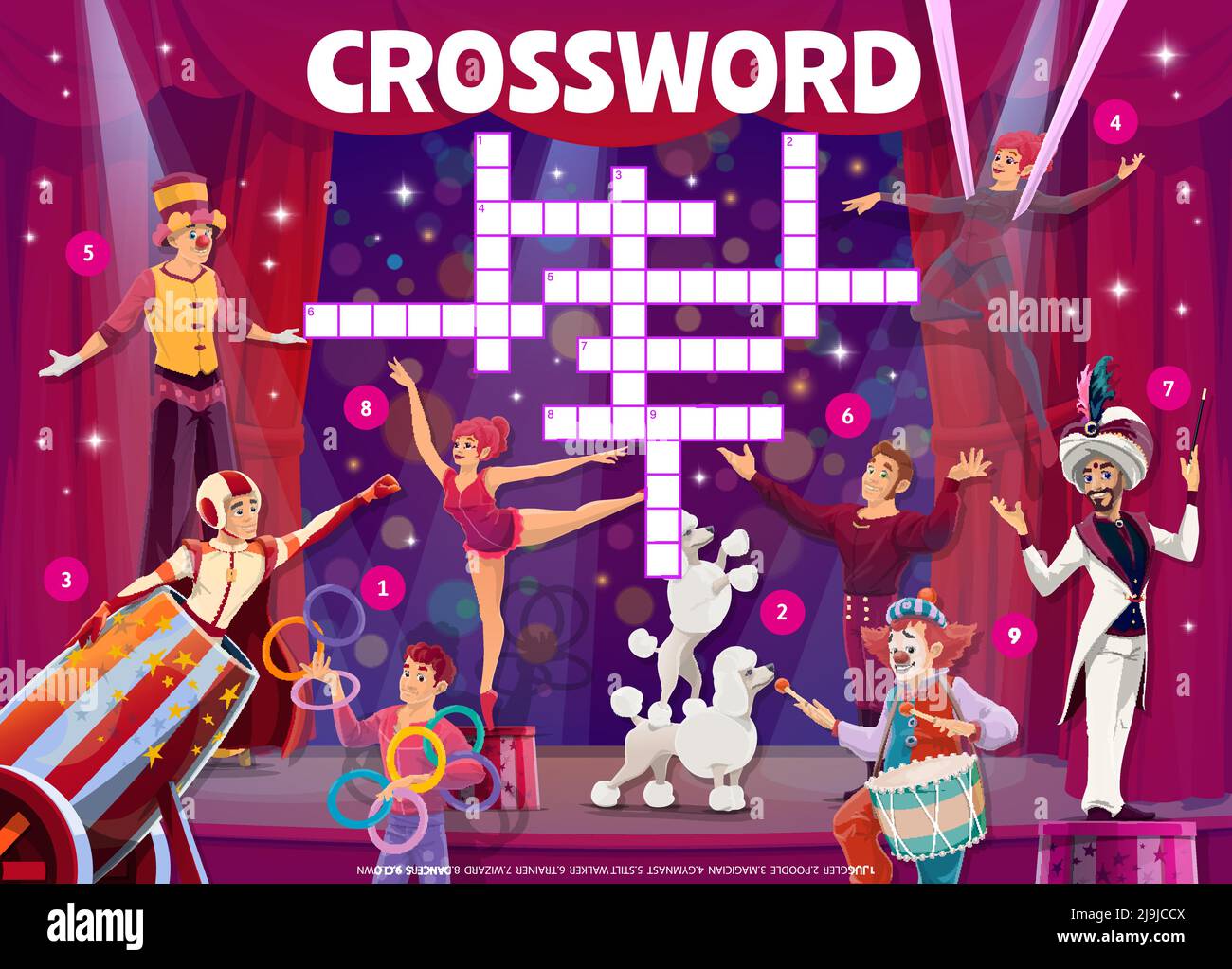 Shapito circus stage with performers Crossword grid worksheet Find a