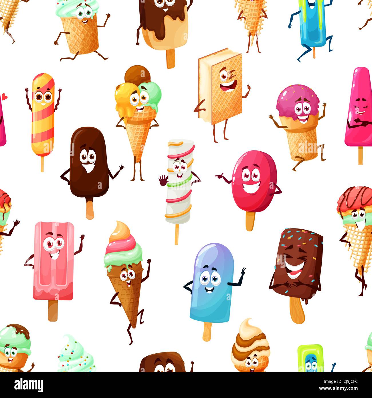 Cartoon ice cream eskimo, popsicle, waffle cone characters seamless  pattern. Vector background of smiling sweet food, chocolate and vanilla  scoop, stick and sandwich, fruit sorbet or gelato personages Stock Vector  Image &