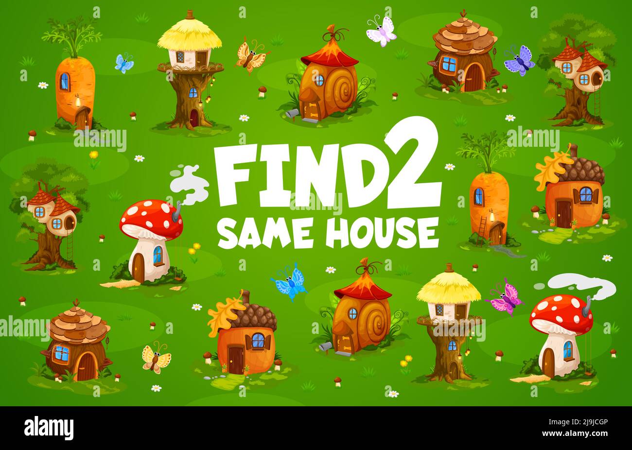 Find two same fairy houses or cartoon elf village dwellings kids game worksheet. Preschool child intelligence riddle, difference spotting vector quiz. Kids educational puzzle game with fantasy homes Stock Vector