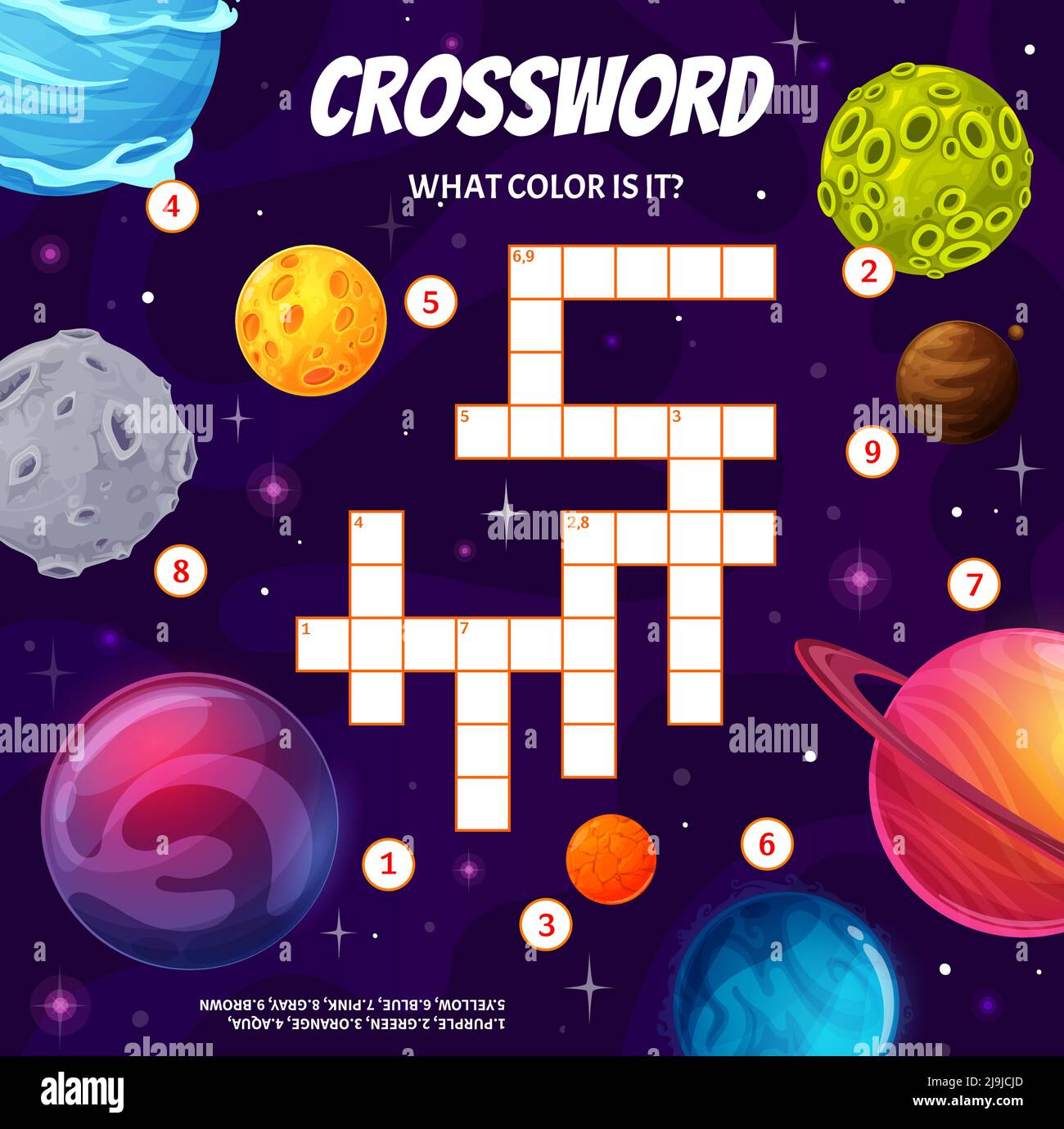 Find color of space planet, crossword grid worksheet, vector find word quiz  game. Kids education riddle crossword to guess colors of planets and  asteroids in fantasy galaxy space Stock Vector Image &