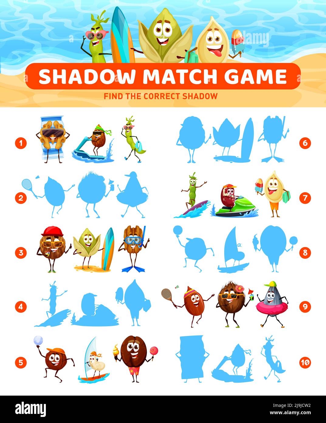 Shadow match game. Cheerful nuts characters on summer beach. Kids