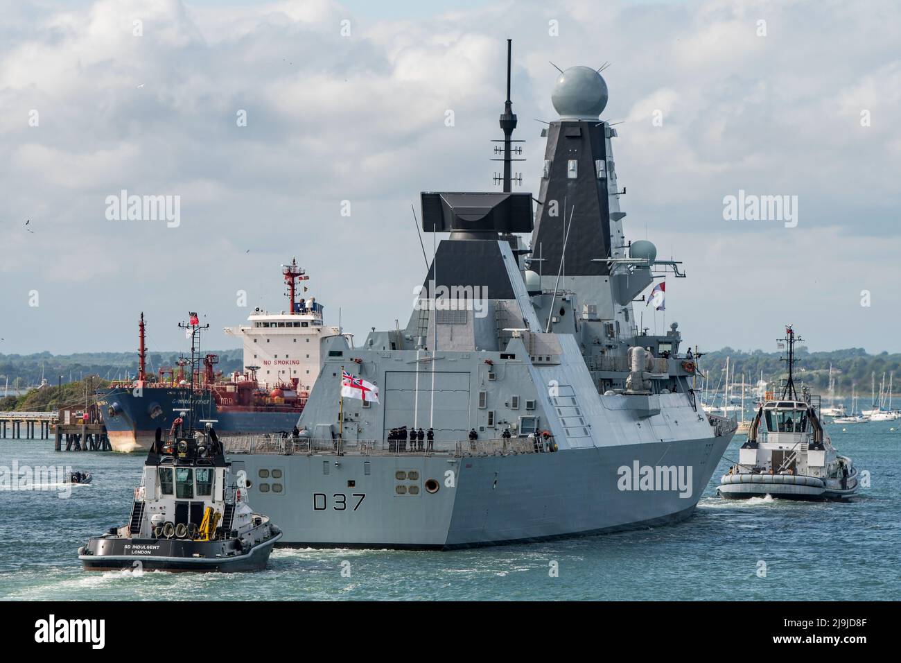 The Royal Navy Type 45 air defence destroyer HMS Duncan (D37) returned to Portsmouth, UK on 20/5/2022 after post refit sea trials. Stock Photo