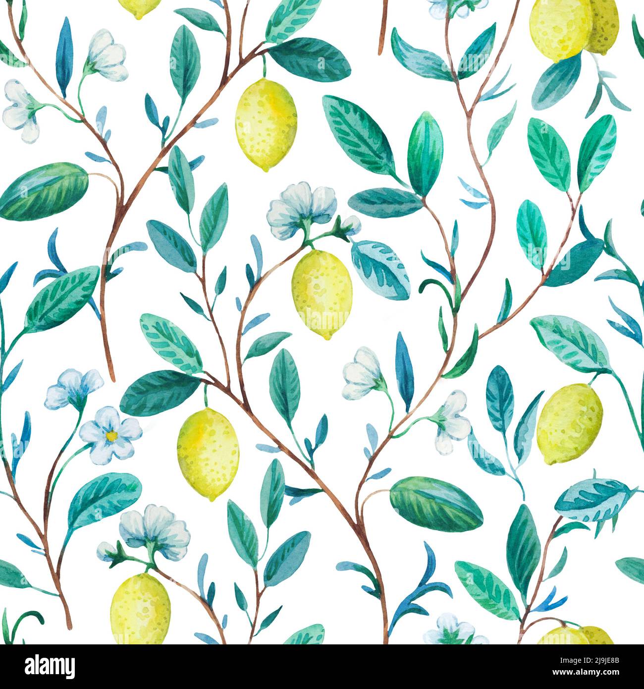 Watercolor seamless pattern with blooming lemon trees and branches ...