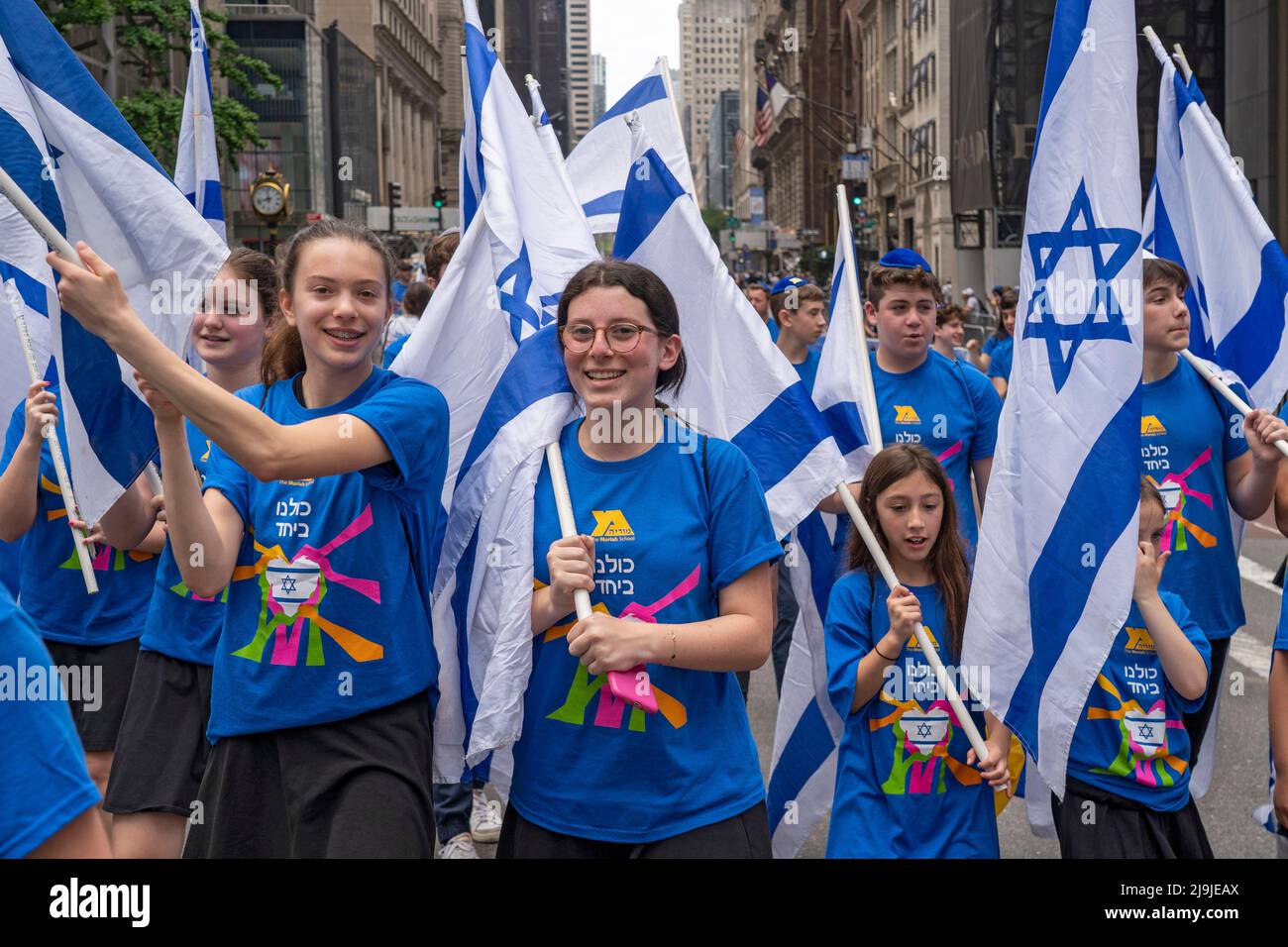 New York, US, 22/05/2022, Participants holding Israeli flags march
