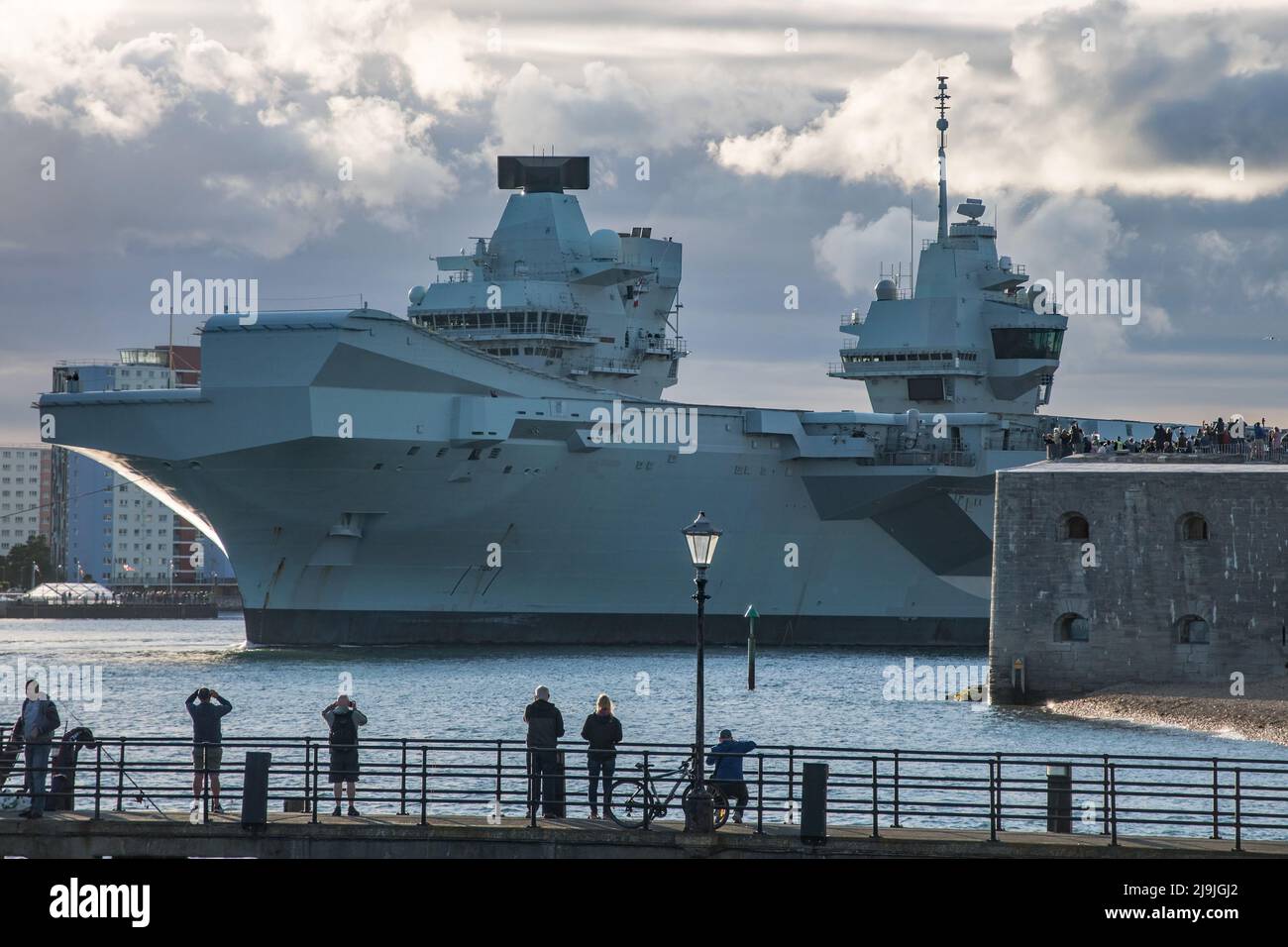 The Royal Navy aircraft carrier HMS Prince of Wales (R09) departed Portsmouth, UK on the evening of 23/5/2022 to resume NATO command ship duties. Stock Photo