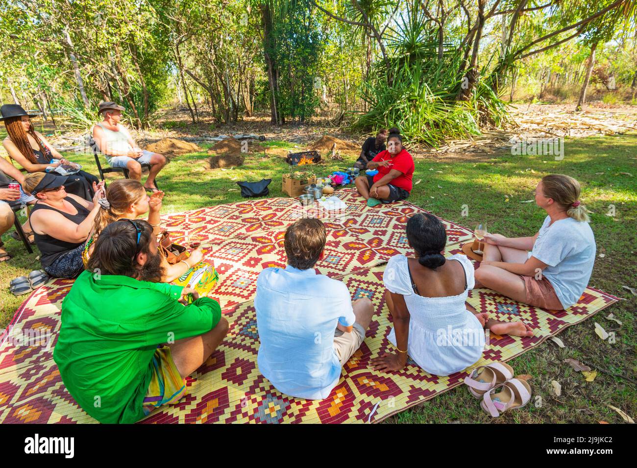 Tourists attending Aboriginal cooking classes during the Taste of Kakadu Festival, Cooinda, Kakadu National Park, Northern Territory, NT, Australia Stock Photo