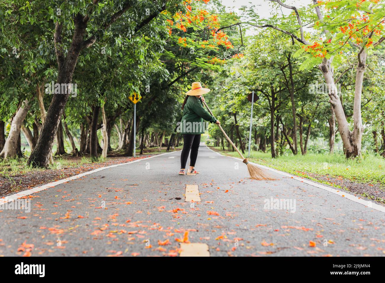 Women sweeping the alley in the park with a broom. Stock Photo