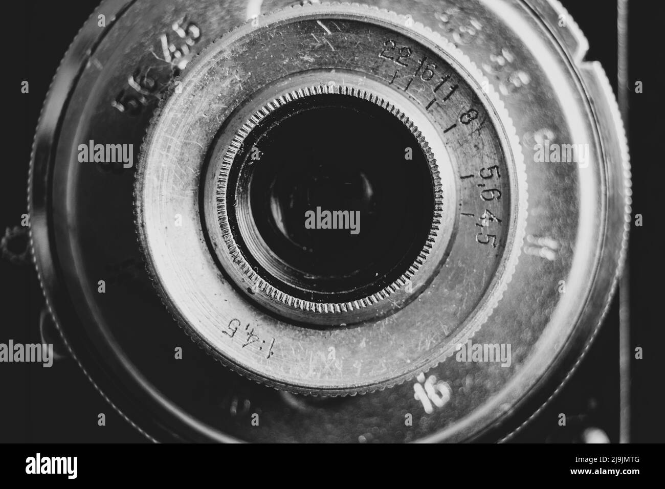 Retro film camera and lens close-up, technology, camera lens Stock Photo